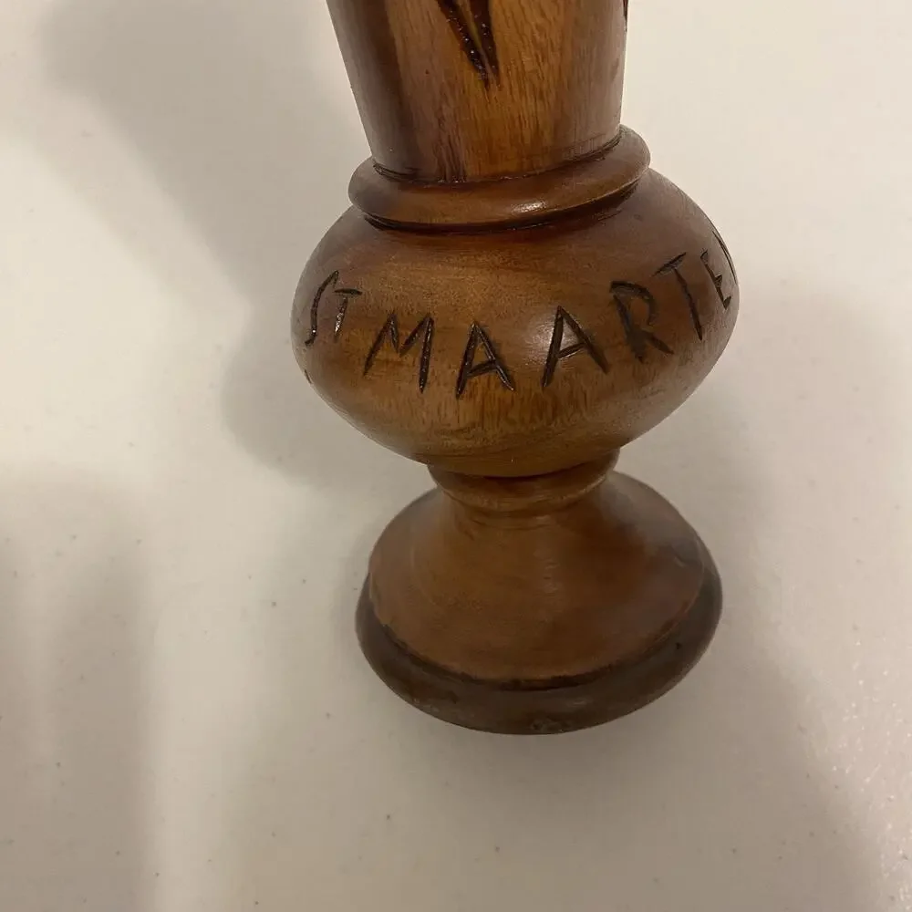 Vintage Hand Carved 9”Tall Wooden Vase Floral Designs Mahogany Falk Art